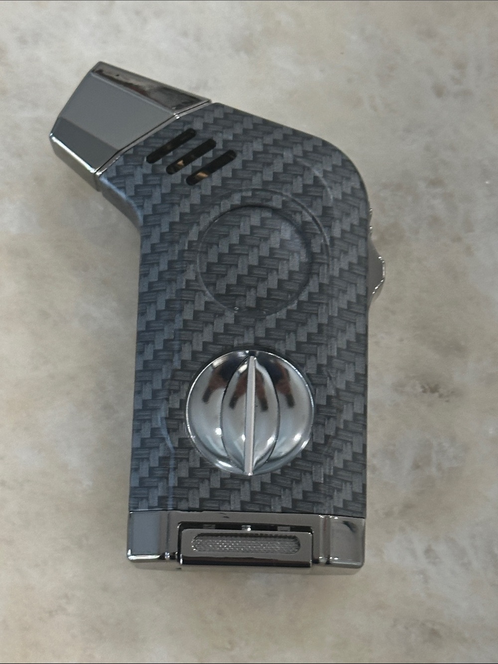 Carbon Fiber Pattern Silver Accent Butane Torch Lighter with Cigar Cutter - Gray